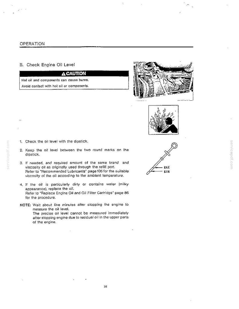 May include: A black and white technical manual page titled OPERATION, section B. Check Engine Oil Level. It includes a caution box about hot oil, an engine diagram, a warning icon, and a line drawing of an oil dipstick with MAX and MIN marks.
