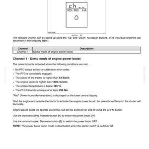 May include: Diagram of an electronic module with text. The display shows "ch --" and a small graphic. The text describes the "Demo mode of engine power boost" and its conditions, including speed, temperature, and torque.