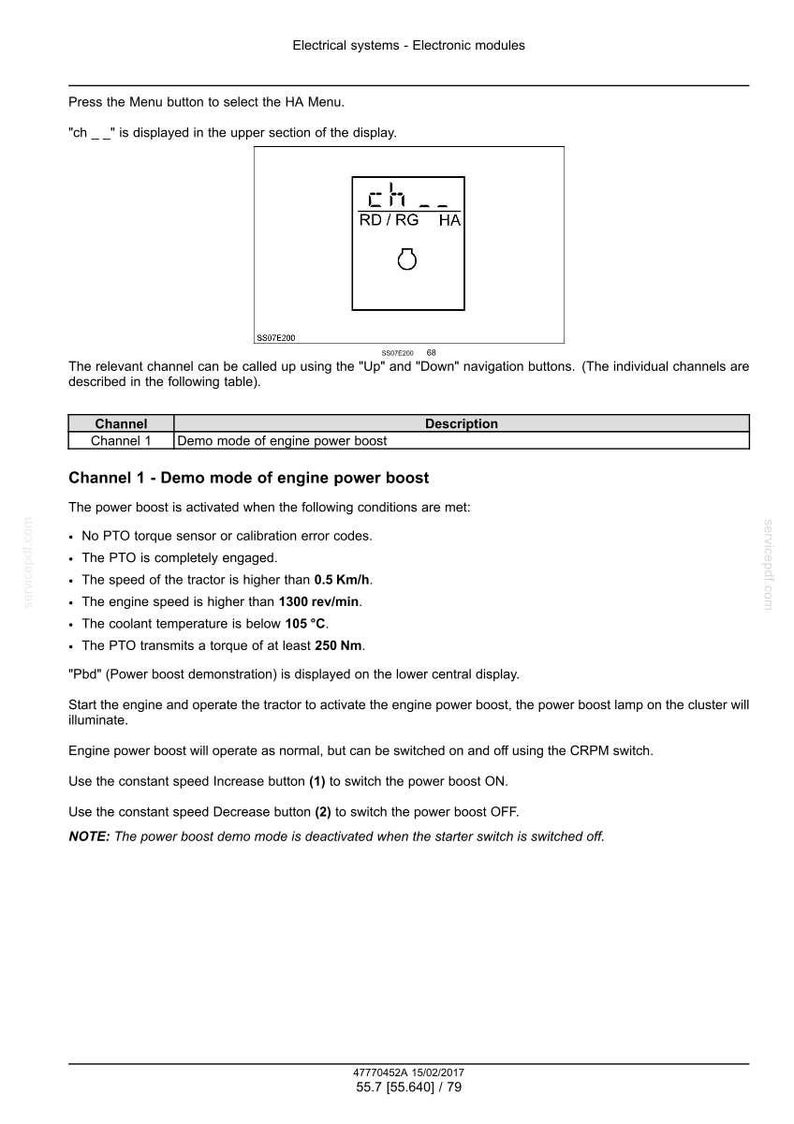 May include: Diagram of an electronic module with text. The display shows "ch --" and a small graphic. The text describes the "Demo mode of engine power boost" and its conditions, including speed, temperature, and torque.