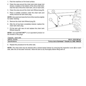 May include: A maintenance guide page detailing final drive chain tank oil changes. Instructions include cleaning, draining, and refilling the tank. Specifications for SR270 and SV340 models are listed, along with oil type and capacity.