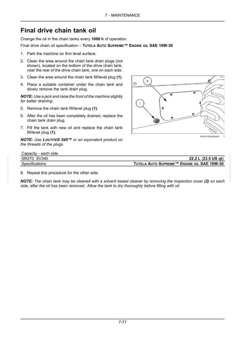 May include: A maintenance guide page detailing final drive chain tank oil changes. Instructions include cleaning, draining, and refilling the tank. Specifications for SR270 and SV340 models are listed, along with oil type and capacity.