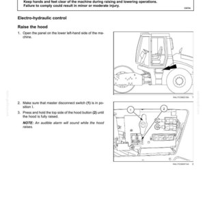May include: Diagram of a machine's electro-hydraulic control system, detailing hood lifting and lowering procedures. Includes a warning about injury and instructions for raising the hood using the hood button (2).