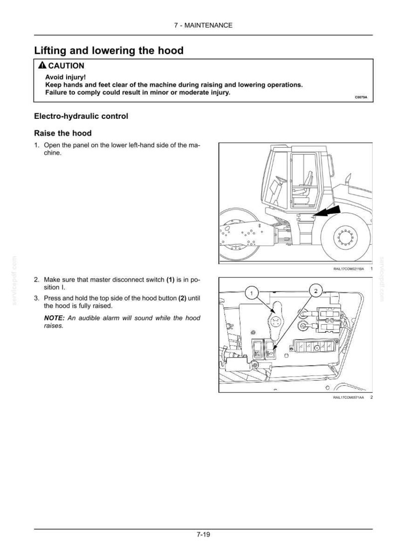 May include: Diagram of a machine's electro-hydraulic control system, detailing hood lifting and lowering procedures. Includes a warning about injury and instructions for raising the hood using the hood button (2).
