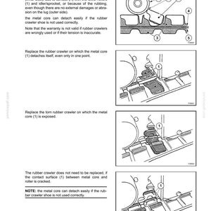 May include: Diagrams illustrating the detachment and maintenance of a rubber crawler's metal core. The images show close-ups of the crawler components, with labels indicating parts like rollers and the metal core. Text explains the causes and solutions for detachment.