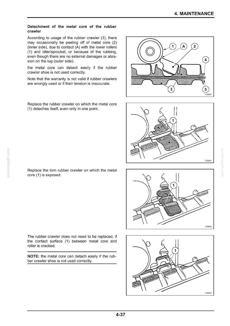 May include: Diagrams illustrating the detachment and maintenance of a rubber crawler's metal core. The images show close-ups of the crawler components, with labels indicating parts like rollers and the metal core. Text explains the causes and solutions for detachment.