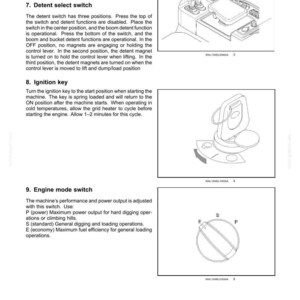 May include: Diagram of a control panel with labeled components. Includes a fine modulation switch, detent select switch, ignition key, and engine mode switch. The image is from a manual.