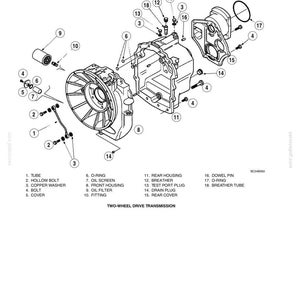 May include: An exploded diagram of a two-wheel drive transmission, featuring various components like the rear housing, oil filter, and breather tube. The image includes labels for each part, with a clear view of the assembly.