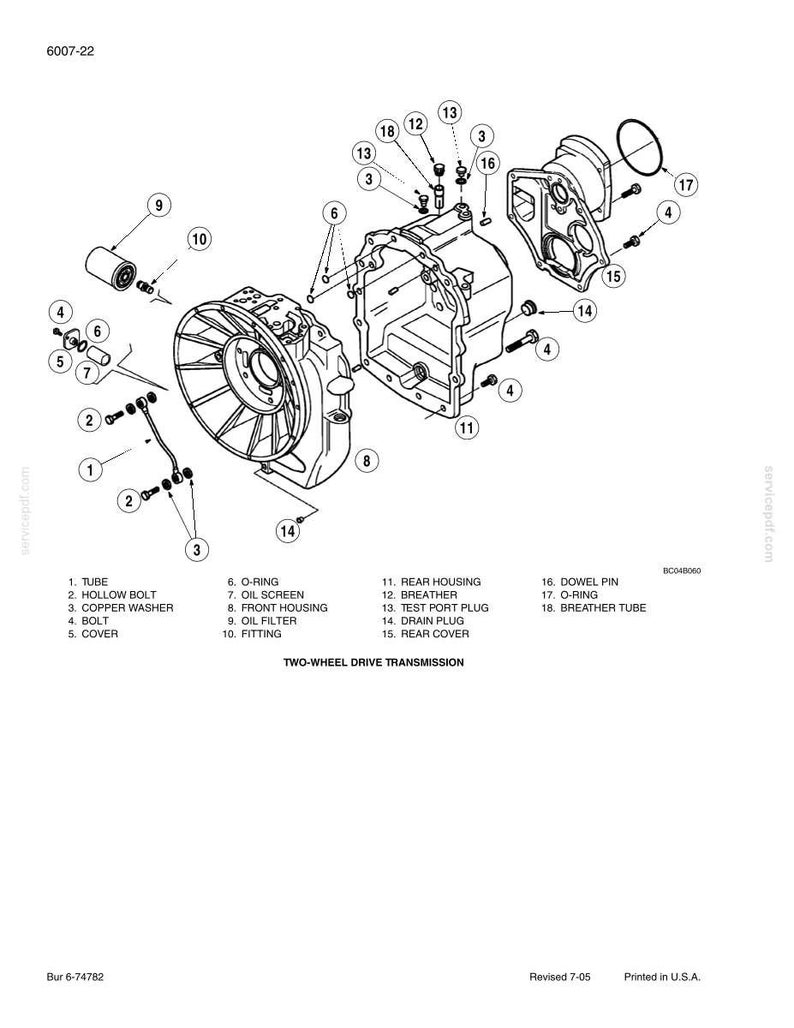 May include: An exploded diagram of a two-wheel drive transmission, featuring various components like the rear housing, oil filter, and breather tube. The image includes labels for each part, with a clear view of the assembly.