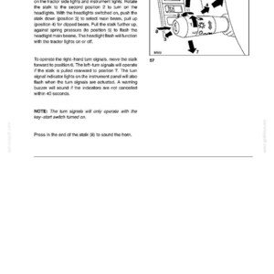 Op de afbeelding: Een technisch diagram met het label Figuur 57 dat een stuurkolomhendel van een tractor toont met genummerde pijlen die de bedieningsposities aangeven. De tekst legt de werking uit voor verlichting, richtingaanwijzers en de claxon.