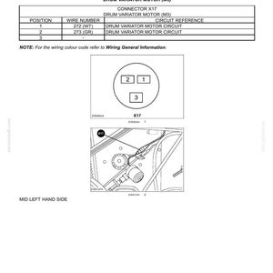 May include: Diagram of an electrical power system component, frame 12, with a drum variator motor and connector X17. Includes a table with wire numbers and circuit references. The diagram also shows the mid-left hand side.