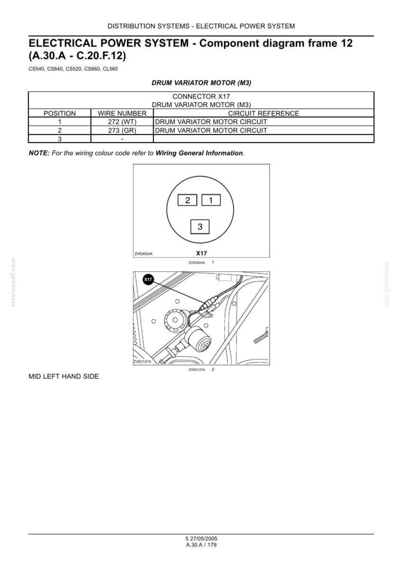 May include: Diagram of an electrical power system component, frame 12, with a drum variator motor and connector X17. Includes a table with wire numbers and circuit references. The diagram also shows the mid-left hand side.
