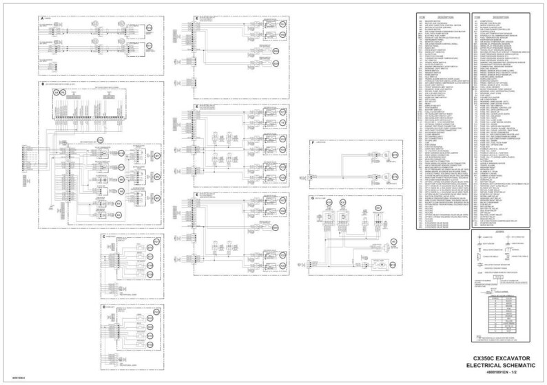 May include: A detailed electrical schematic for a CX350C excavator, presented in black and white. The diagram includes multiple circuit layouts, component symbols, and a legend. The title "CX350C EXCAVATOR ELECTRICAL SCHEMATIC" is visible.