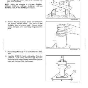 May include: Diagram of transmission components with text instructions. Includes images of tools and parts, such as a shaft holding tube and fixture base. Text details shim measurements in inches and torque specifications.
