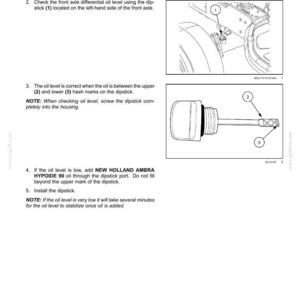 May include: A technical manual page titled Front axle differential fluid level - Check, featuring black and white line drawings of a tractor axle and a dipstick with numbered labels 1, 2, and 3, alongside instructional text for maintenance.