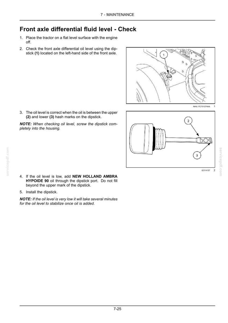 May include: A technical manual page titled Front axle differential fluid level - Check, featuring black and white line drawings of a tractor axle and a dipstick with numbered labels 1, 2, and 3, alongside instructional text for maintenance.