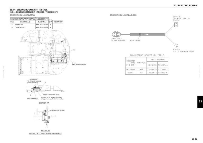 Pu&ograve; includere: Uno schema tecnico per l'installazione della luce della sala macchine, che include un diagramma del cablaggio, una tabella di selezione dei connettori e istruzioni di montaggio con i codici YY80E0101P1, YY80E00015F1 e YY80E00010P1, con una coppia di serraggio di 9,0 N-m.