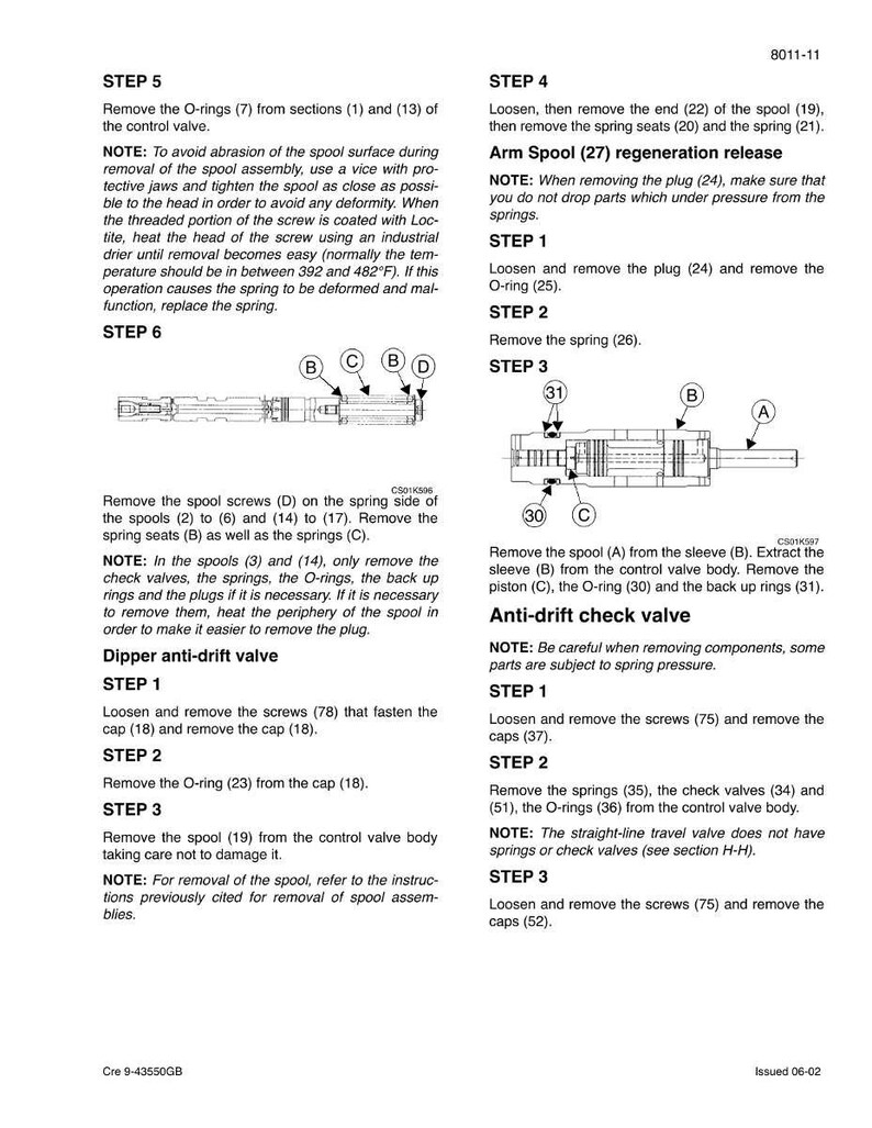 Op de afbeelding: Technische tekening met instructies voor het demonteren en weer in elkaar zetten van een regelklep. Het diagram bevat genummerde stappen, diagrammen en notities over specifieke componenten zoals O-ringen, veren en schroeven. Het document is genummerd 8011-11.
