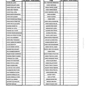 May include: A black and white Inspection & Maintenance Checklist document for Kobelco machinery. The form features two columns of maintenance tasks, blank fields for machine model, serial number, hours, mechanic, signature, and date.