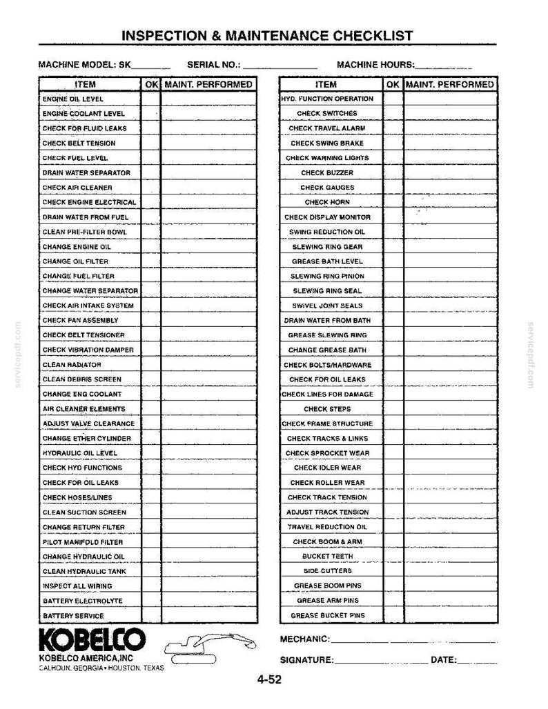 May include: A black and white Inspection & Maintenance Checklist document for Kobelco machinery. The form features two columns of maintenance tasks, blank fields for machine model, serial number, hours, mechanic, signature, and date.