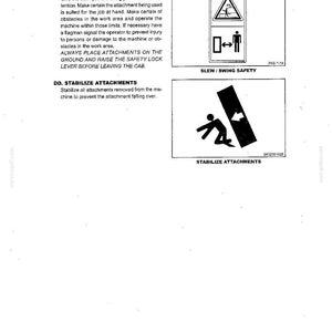 May include: A technical document page titled SAFETY PRECAUTIONS featuring sections CC and DD. It includes text instructions and two black and white safety icons: one for SLEW / SWING SAFETY showing a person and machine, and one for STABILIZE ATTACHMENTS.