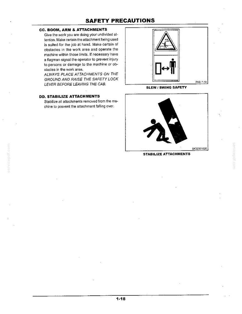 May include: A technical document page titled SAFETY PRECAUTIONS featuring sections CC and DD. It includes text instructions and two black and white safety icons: one for SLEW / SWING SAFETY showing a person and machine, and one for STABILIZE ATTACHMENTS.