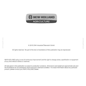 May include: A document with the New Holland Agriculture logo. The document includes text about technical publications and tools, copyright information, and a policy statement. The document is in English.