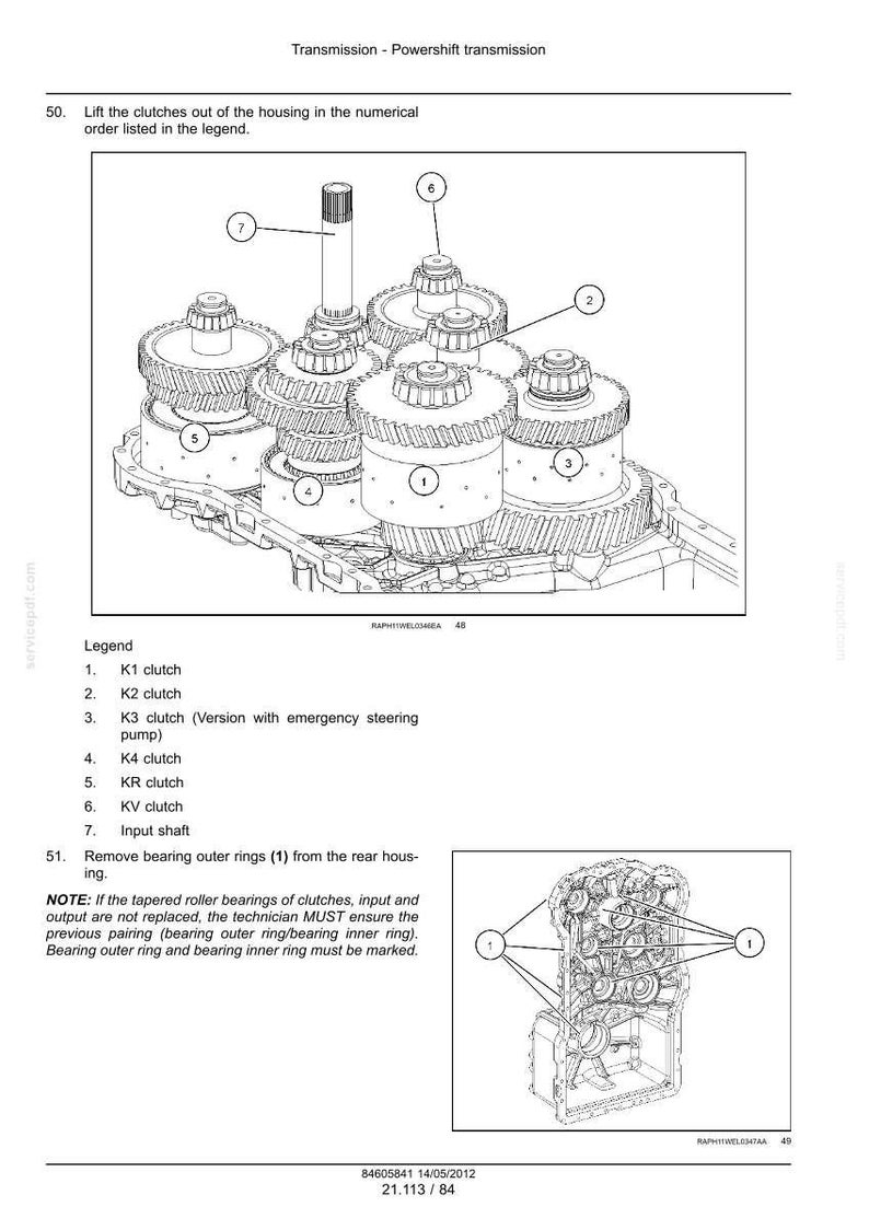 K&ouml;nnte beinhalten: Technische Zeichnung eines Powershift-Getriebes, die verschiedene nummerierte Kupplungskomponenten und eine Eingangswelle zeigt. Das Bild enth&auml;lt eine Legende, die jedes Teil identifiziert, wie z. B. K1-, K2- und K3-Kupplungen. Technische Illustration.