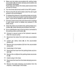 May include: A white page with black text detailing hydraulic service brake procedures. The text includes numbered steps for maintenance, such as checking accumulators, disconnecting hoses, and installing plugs. The document is titled "Brakes and controls - Hydraulic service brakes."