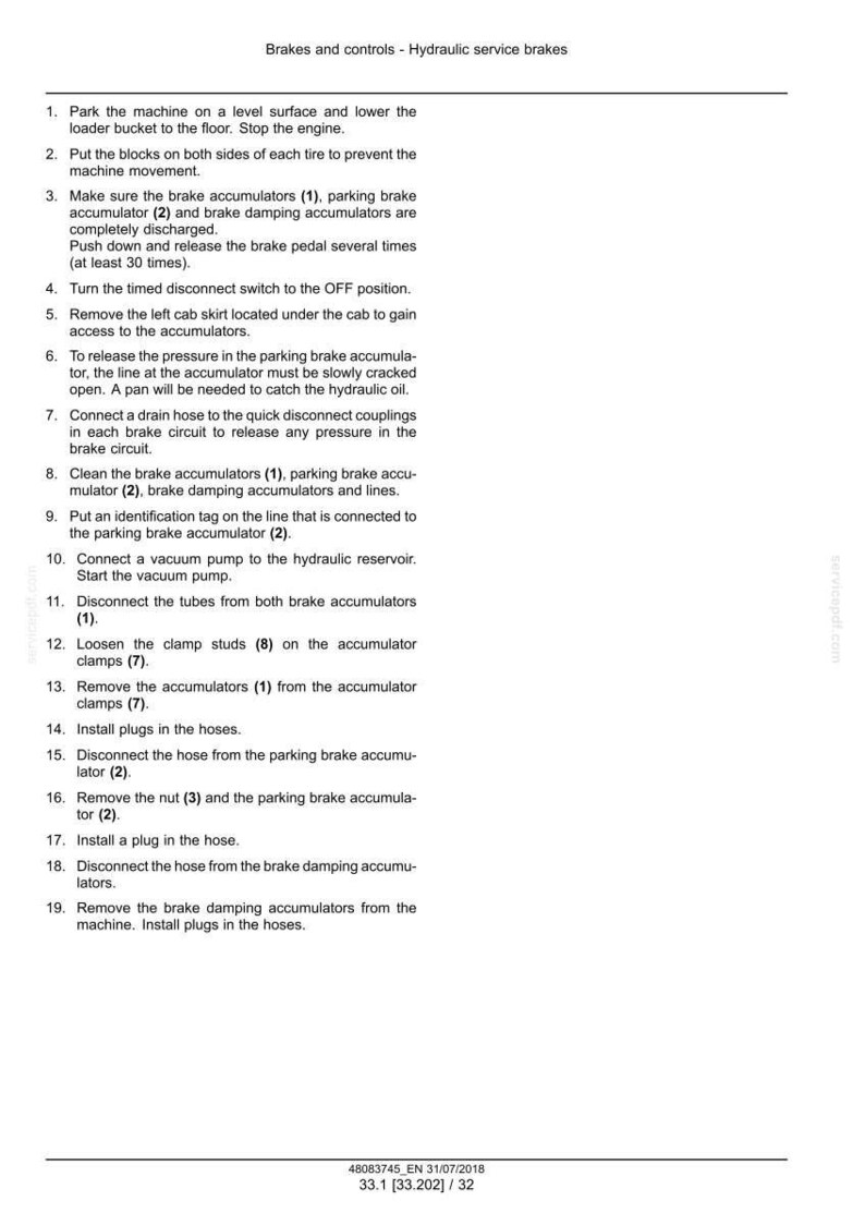 May include: A white page with black text detailing hydraulic service brake procedures. The text includes numbered steps for maintenance, such as checking accumulators, disconnecting hoses, and installing plugs. The document is titled "Brakes and controls - Hydraulic service brakes."