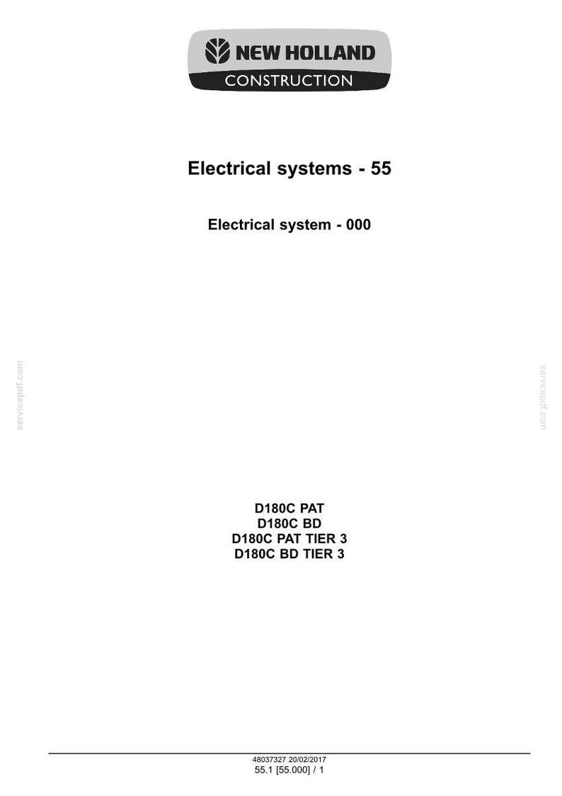 May include: A white document with the "NEW HOLLAND CONSTRUCTION" logo at the top. The text includes "Electrical systems - 55", "Electrical system - 000", and model numbers D180C PAT, D180C BD, and D180C PAT TIER 3.