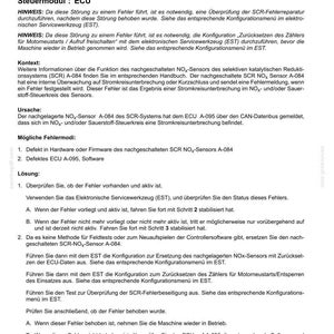 May include: A technical document titled Elektrische Anlagen - FEHLERCODES 3525 (DTC E18E) regarding a downstream NOx sensor internal fault. The text outlines the ECU control module, context, causes, and troubleshooting steps for the SCR system.