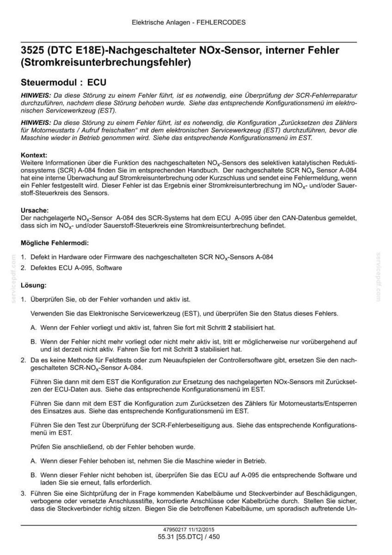 May include: A technical document titled Elektrische Anlagen - FEHLERCODES 3525 (DTC E18E) regarding a downstream NOx sensor internal fault. The text outlines the ECU control module, context, causes, and troubleshooting steps for the SCR system.