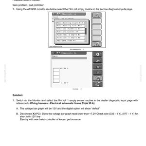May include: Technical diagram with text related to hydraulic, pneumatic, electrical, and electronic systems. The document includes troubleshooting steps for a film wrapping machine, with voltage readings and wiring harness references.