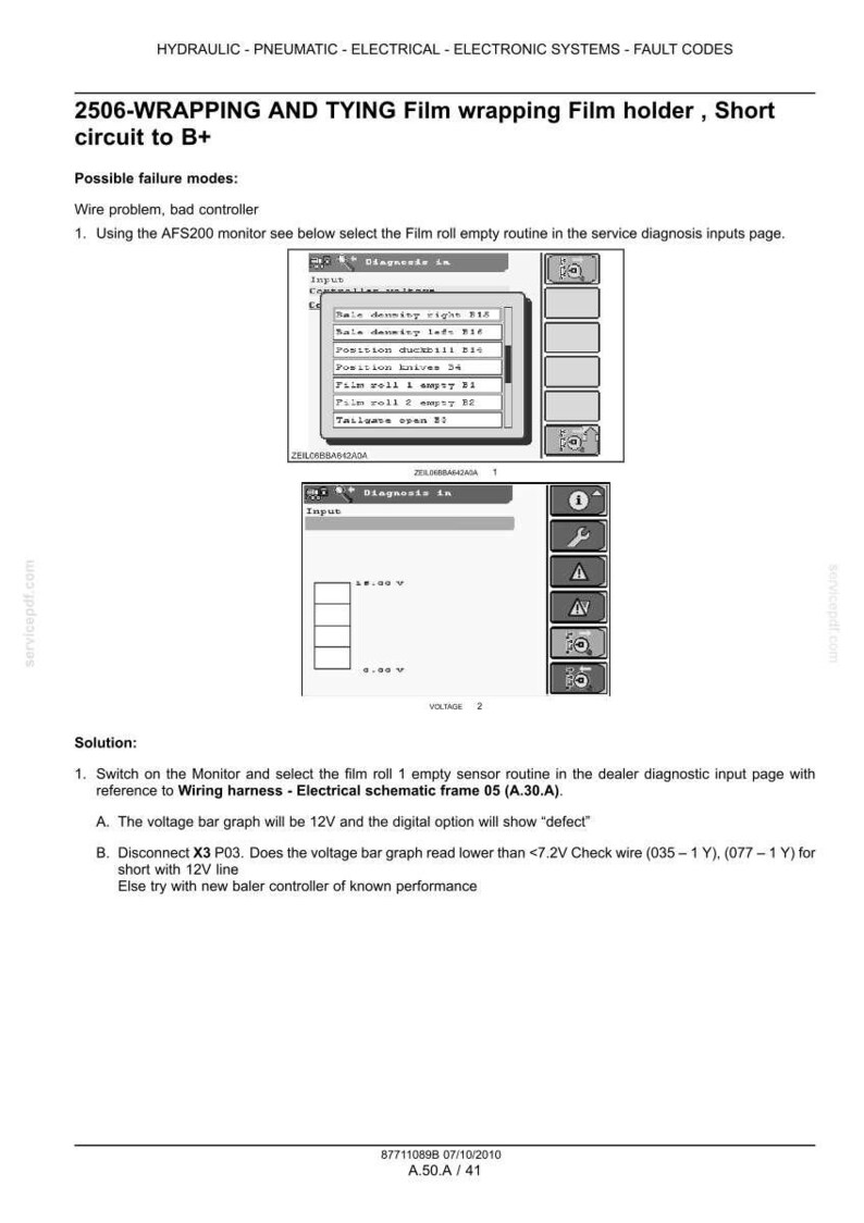May include: Technical diagram with text related to hydraulic, pneumatic, electrical, and electronic systems. The document includes troubleshooting steps for a film wrapping machine, with voltage readings and wiring harness references.
