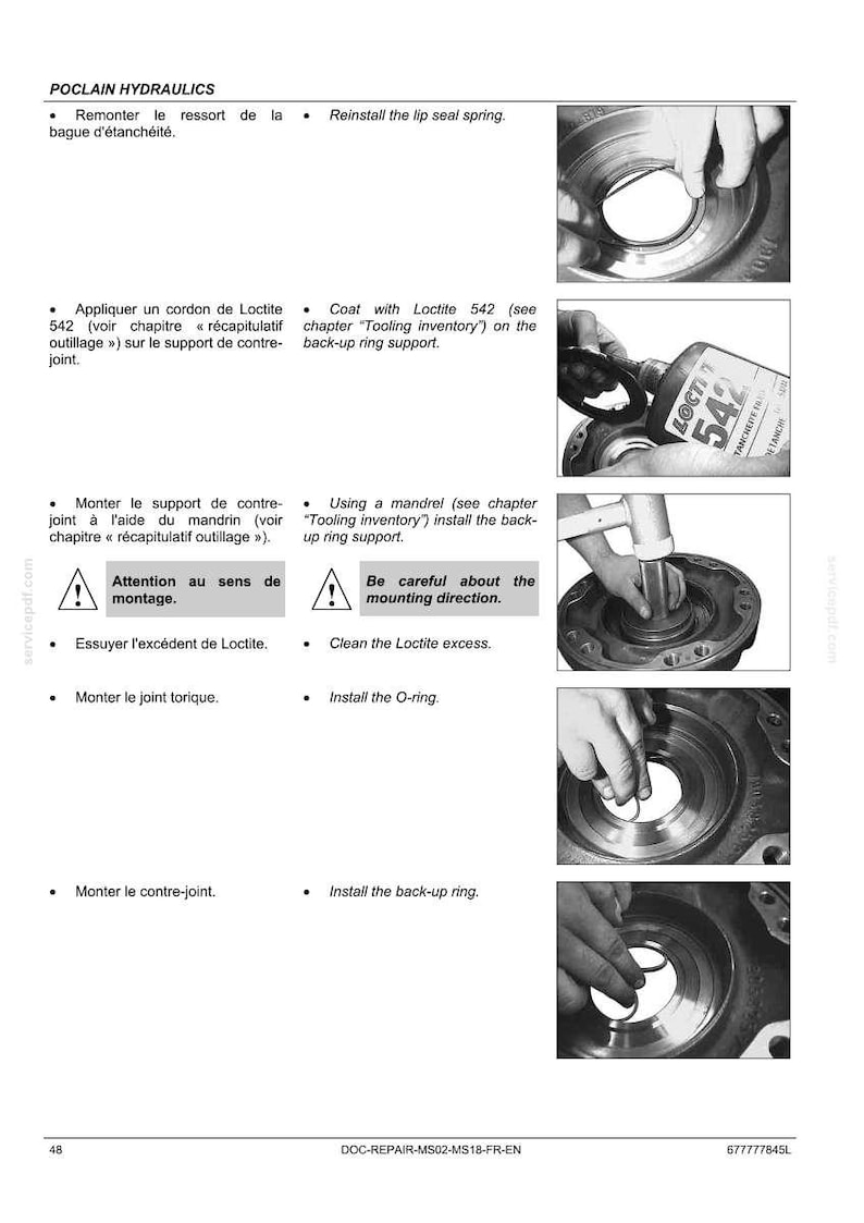 Puede incluir: P&aacute;gina de un manual de reparaci&oacute;n con el t&iacute;tulo "POCLAIN HYDRAULICS". El manual incluye instrucciones paso a paso con im&aacute;genes para la reparaci&oacute;n hidr&aacute;ulica, incluida la aplicaci&oacute;n de Loctite 542 y la instalaci&oacute;n de juntas t&oacute;ricas.