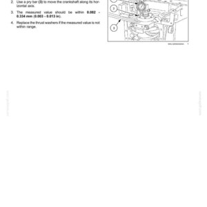 May include: Diagram of an engine crankshaft end play test. The image shows a dial indicator, pry bar, and crankshaft components. Text includes instructions and measurements in inches and millimeters.