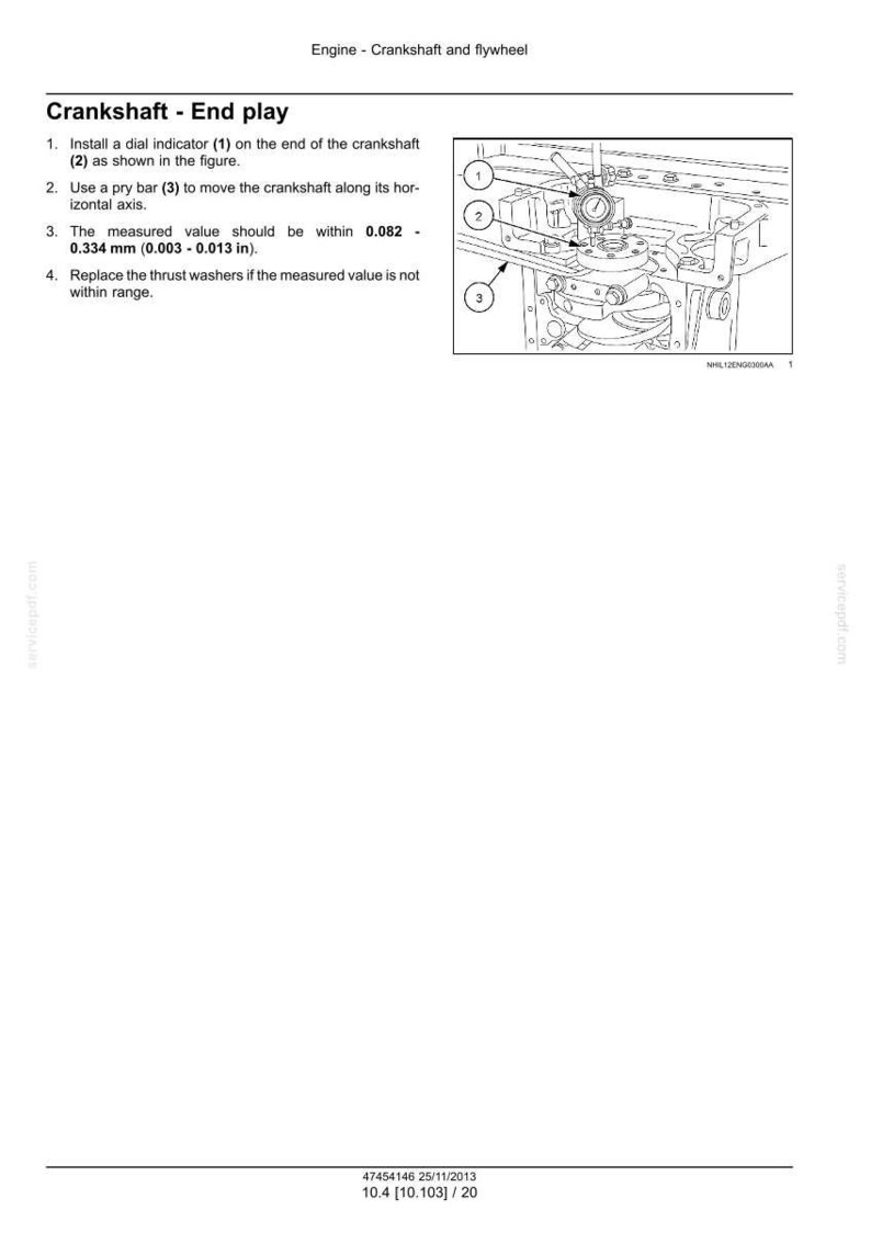 May include: Diagram of an engine crankshaft end play test. The image shows a dial indicator, pry bar, and crankshaft components. Text includes instructions and measurements in inches and millimeters.