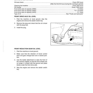 Puede incluir: P&aacute;gina de manual con especificaciones de servicio del eje delantero, incluyendo comprobaciones del nivel de aceite, cambios de aceite y capacidad. Instrucciones para verificar y cambiar el nivel de aceite, con una ilustraci&oacute;n del eje.