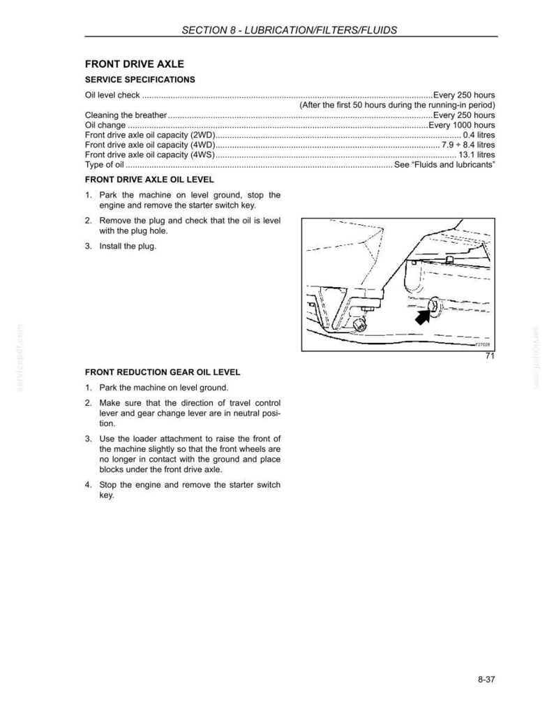Puede incluir: P&aacute;gina de manual con especificaciones de servicio del eje delantero, incluyendo comprobaciones del nivel de aceite, cambios de aceite y capacidad. Instrucciones para verificar y cambiar el nivel de aceite, con una ilustraci&oacute;n del eje.