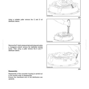 May include: Diagram from a manual showing steps for removing and reassembling parts of a mechanism. The images show hands using tools like wrenches and pullers on a complex mechanical component. Text includes "SECTION 21 - POWERSHIFT".