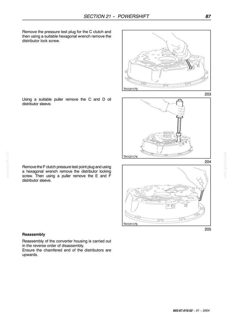 May include: Diagram from a manual showing steps for removing and reassembling parts of a mechanism. The images show hands using tools like wrenches and pullers on a complex mechanical component. Text includes "SECTION 21 - POWERSHIFT".