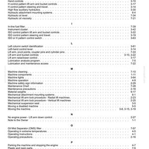 May include: A detailed table of contents from a manual, featuring various sections and subsections. The text includes topics like machine operation, safety, and maintenance, with page number references. The document is a reference guide for machinery.
