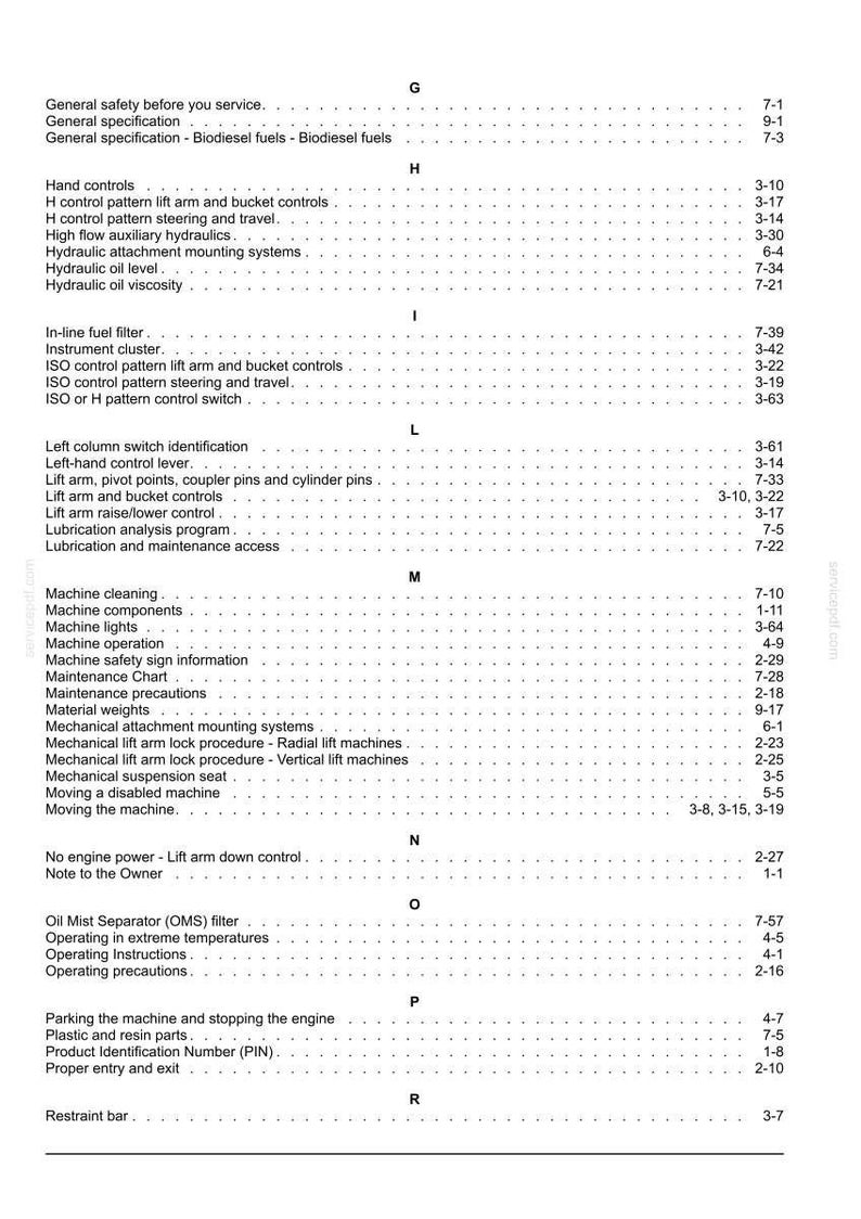 May include: A detailed table of contents from a manual, featuring various sections and subsections. The text includes topics like machine operation, safety, and maintenance, with page number references. The document is a reference guide for machinery.