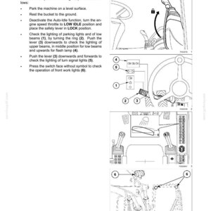 Op de afbeelding: Een pagina uit een technisch handboek getiteld 7-MAINTENANCE Lights, met zwart-wit lijntekeningen van bedieningselementen van zware machines. Het bevat genummerde diagrammen van een stuurkolomhendel, lichtschakelaars en werkverlichting.