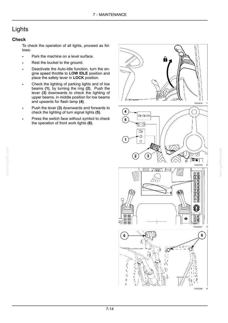 Op de afbeelding: Een pagina uit een technisch handboek getiteld 7-MAINTENANCE Lights, met zwart-wit lijntekeningen van bedieningselementen van zware machines. Het bevat genummerde diagrammen van een stuurkolomhendel, lichtschakelaars en werkverlichting.