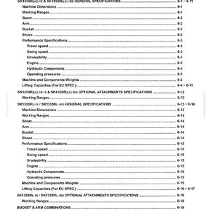 May include: A black and white technical document page titled Section VI - SPECIFICATIONS, featuring a Table of Contents for SK135SR(LC)-1E, SK135SR(LC)-1ES, SK135SRL-1E, and SK135SRL-1ES models, listing machine dimensions, working ranges, and performance specs.