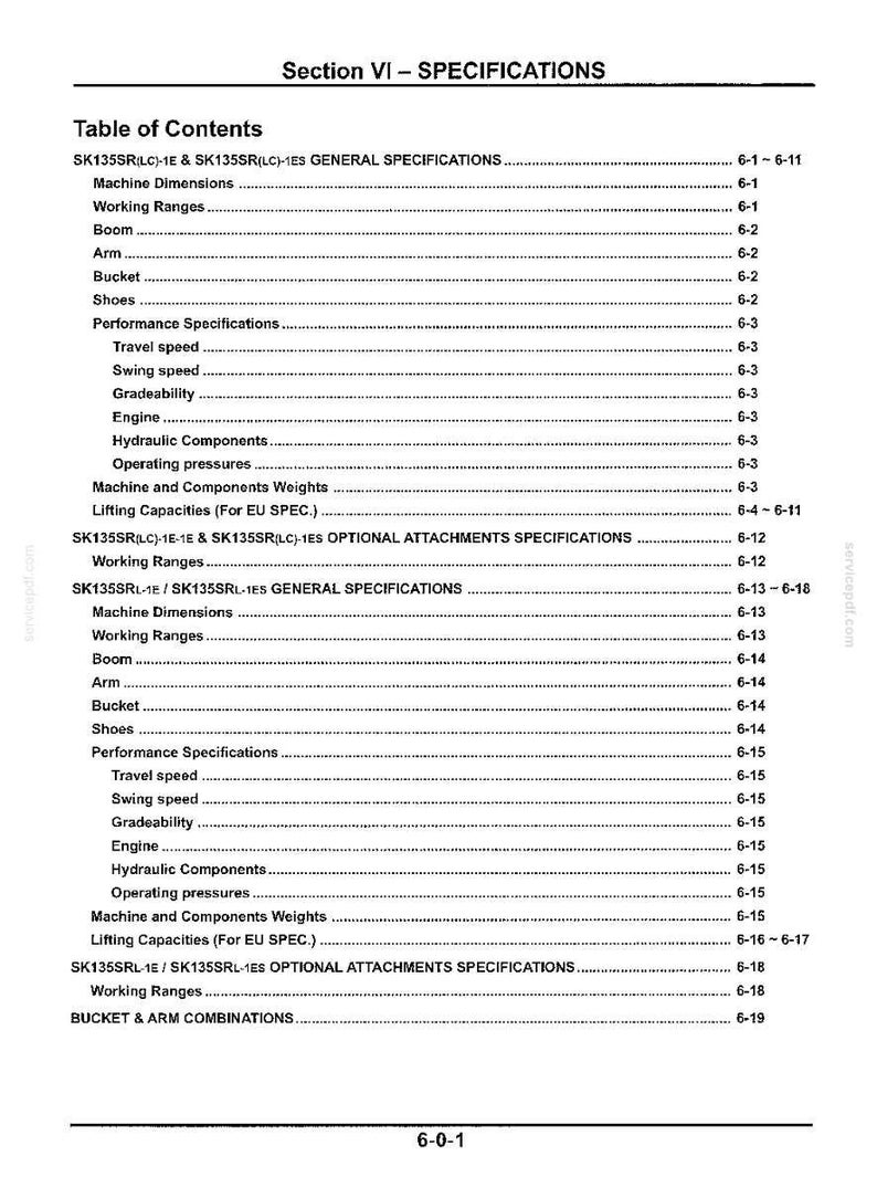May include: A black and white technical document page titled Section VI - SPECIFICATIONS, featuring a Table of Contents for SK135SR(LC)-1E, SK135SR(LC)-1ES, SK135SRL-1E, and SK135SRL-1ES models, listing machine dimensions, working ranges, and performance specs.