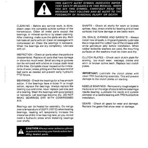 May include: A printed page with the title "GENERAL INFORMATION" and safety instructions. The text includes warnings about potential injury and detailed instructions for cleaning, inspection, and maintenance of mechanical parts. The page also features a caution about wearing asbestos gloves.