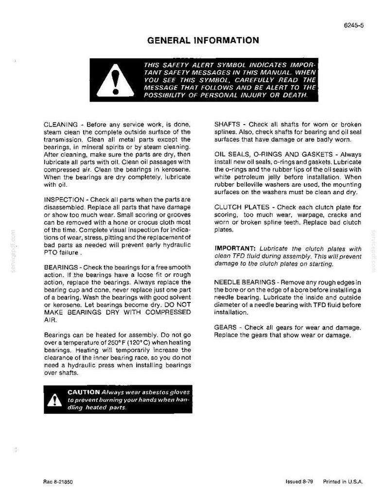 May include: A printed page with the title "GENERAL INFORMATION" and safety instructions. The text includes warnings about potential injury and detailed instructions for cleaning, inspection, and maintenance of mechanical parts. The page also features a caution about wearing asbestos gloves.