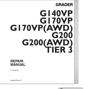 K&ouml;nnte beinhalten: Ein wei&szlig;es Reparaturhandbuch-Cover mit dem "NEW HOLLAND"-Logo oben. Der Text "GRADER" steht &uuml;ber Modellnummern wie G140VP und G170VP. Der untere Teil des Covers zeigt das "NEW HOLLAND CONSTRUCTION"-Logo und die Website.